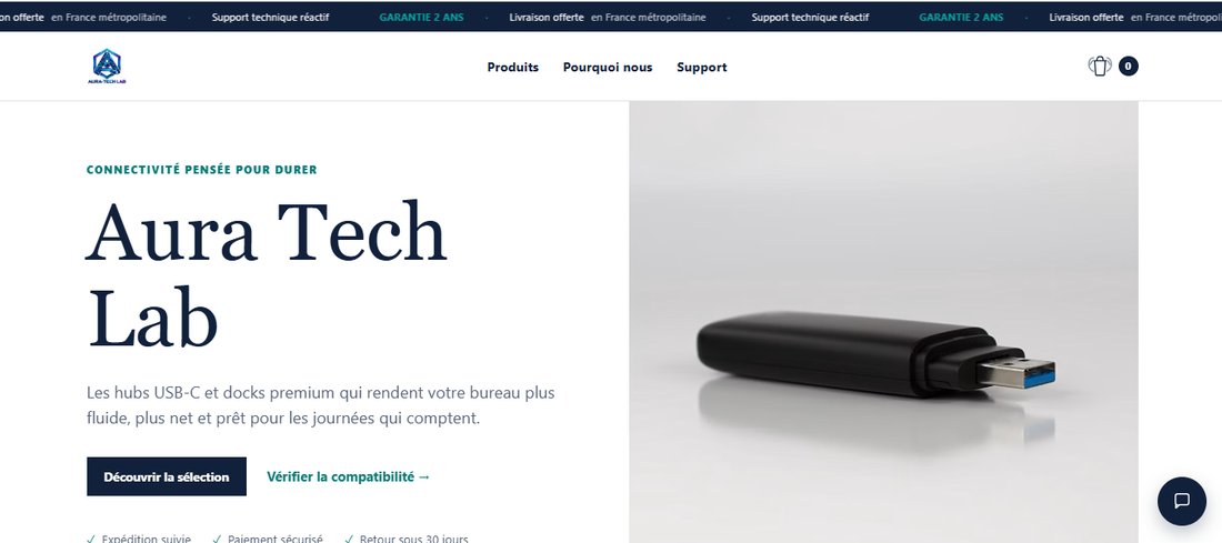 Page d’accueil du site Aura Tech Lab